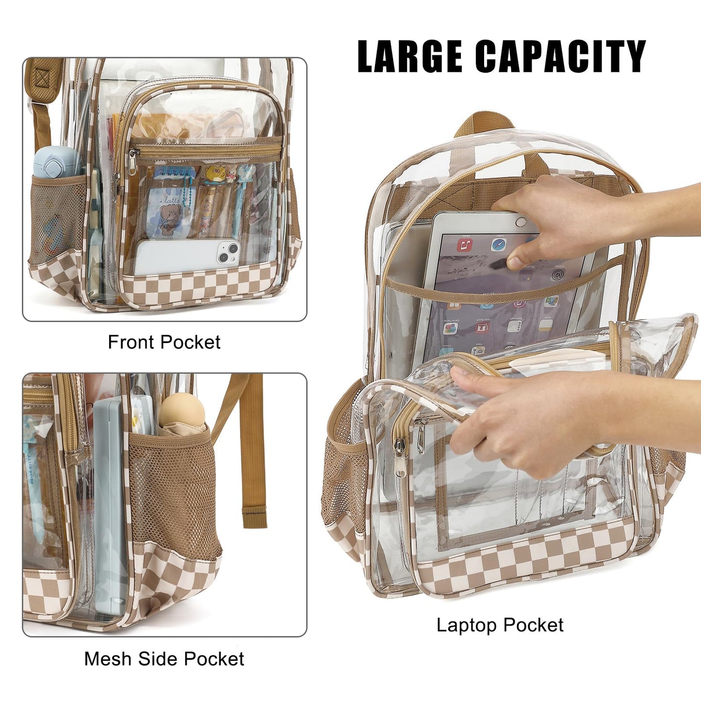 Dezcrab Clear Backpack for School Girls Boys, Heavy Duty Transparent Backpack Kids See-Through Clear Bookbag (Checkered Khaki)
