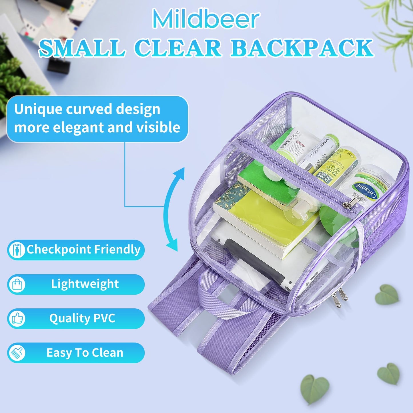 Mildbeer Small Clear Backpack, Stadium Approved 12x12x6 Clear Backpack for Women with 2 Bottle Holders for Festival Concert Sports Events