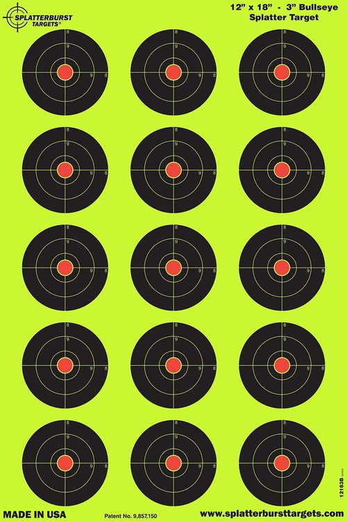 Splatterburst Targets - 12 x18 inch - 3 inch Bullseye Splatter Target - Easily See Your Shots Burst Bright Fluorescent Yellow Upon Impact - Made in The USA (10 Pack)