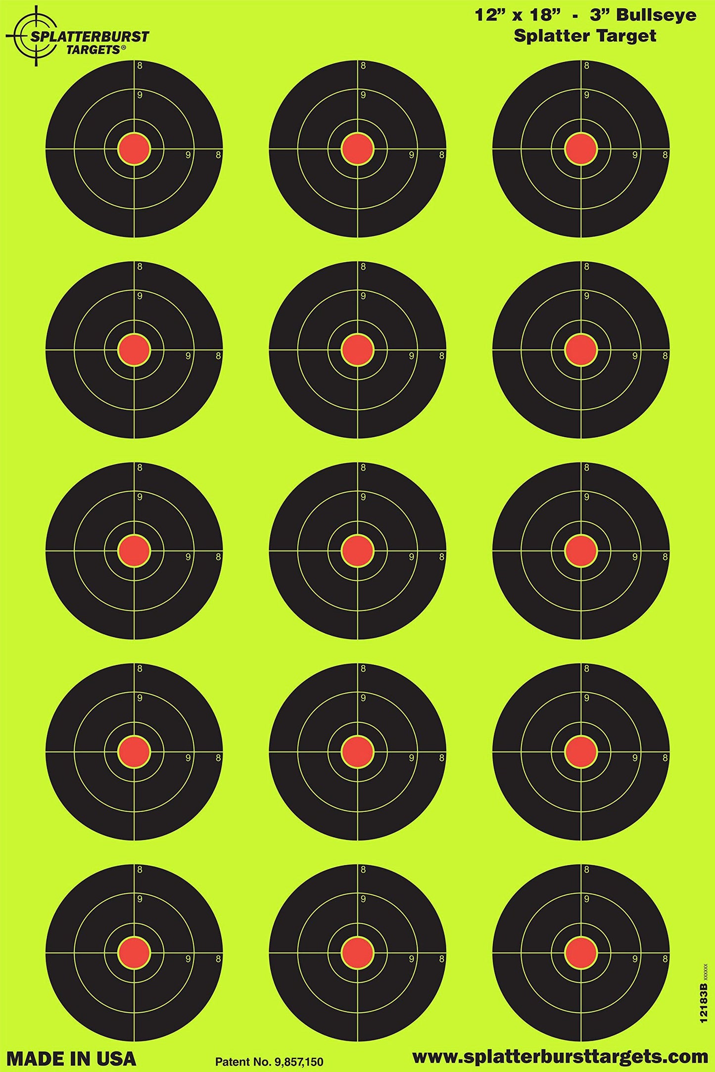 Splatterburst Targets - 12 x18 inch - 3 inch Bullseye Splatter Target - Easily See Your Shots Burst Bright Fluorescent Yellow Upon Impact - Made in the USA (50 Pack)