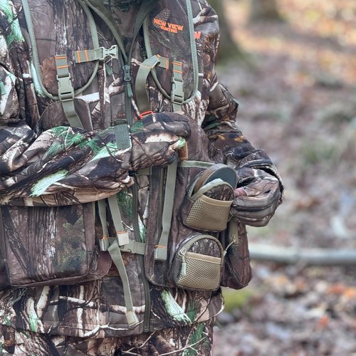 NEW VIEW Turkey Hunting Vest with Seat - Lightweight Camo Adjustable Fit, Removable Cushion and Large Game Bag Storage for Turkey Hunting