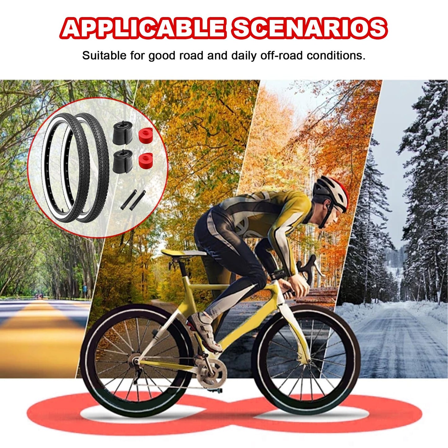 2-Pack Bike Tire, 26x2.125 Inch Folding Replacement Bicycle Tires and Pair 26-inch Inner Tubes with Tire Levers for Beach Cruiser Urban City Commuter Bike - White Walled (Black)
