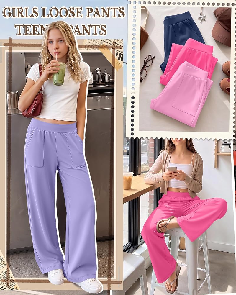 4 Pack Girls Wide Leg Lightweight Pants - Elastic Waist, Pockets, 5-14Y (Light Pink, Purple, Rose Pink, Haze Blue)