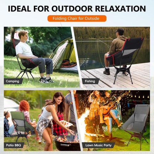 OUTTPLY Swivel Camping Chair, High Back Folding Chair with Head Support, Side Cup Pocket, Stable Portable Outdoor Chair for Camp, Travel, Beach, Party, Fishing, Hiking, Backpacking, Black Red