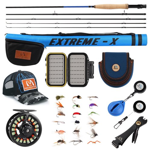 Maxcatch Extreme-X Fly Fishing Rod and Reel Combo, 3-8wt Complete Starter Fishing Outfit with Fly Box, Flies, Rod Clip Holder, Rod Case, Extra Tip Section (8wt-9' 4pc Rod, 7/8wt Reel)