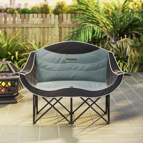 Outsunny Double Camping Chair for Adults, Padded Folding Camp Chair for 2 Person with Armrest, Wine Glass Holder, Cup Holder, Carry Bag for Outdoor Sports, Picnics, Supports up to 551 lbs., Black