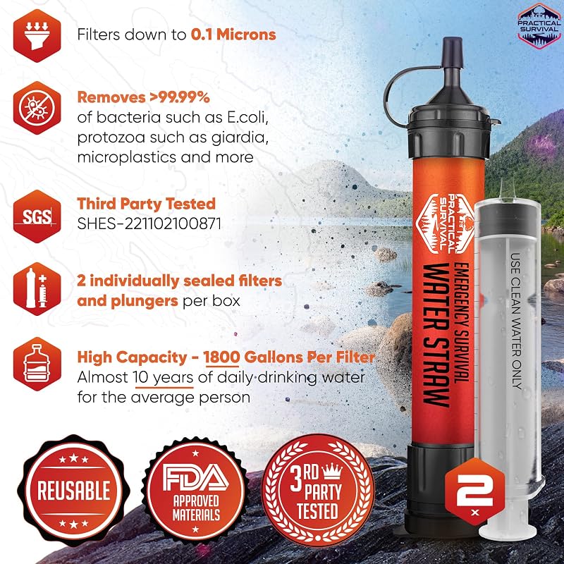 Practical Survival Reusable Emergency Water Filter Straws - 2 Pack