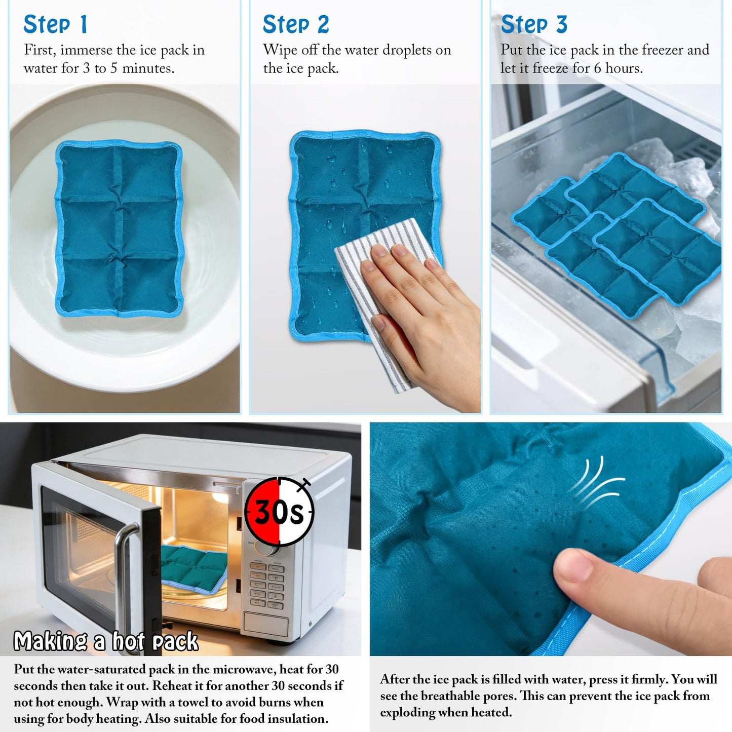 4pcs Reusable Ice Packs for Lunch Boxes & Coolers, (6”x4”x0.7”) Slim Freezer Packs for Lunch Bags, Small Non-Toxic Cooler for Picnic & Camping