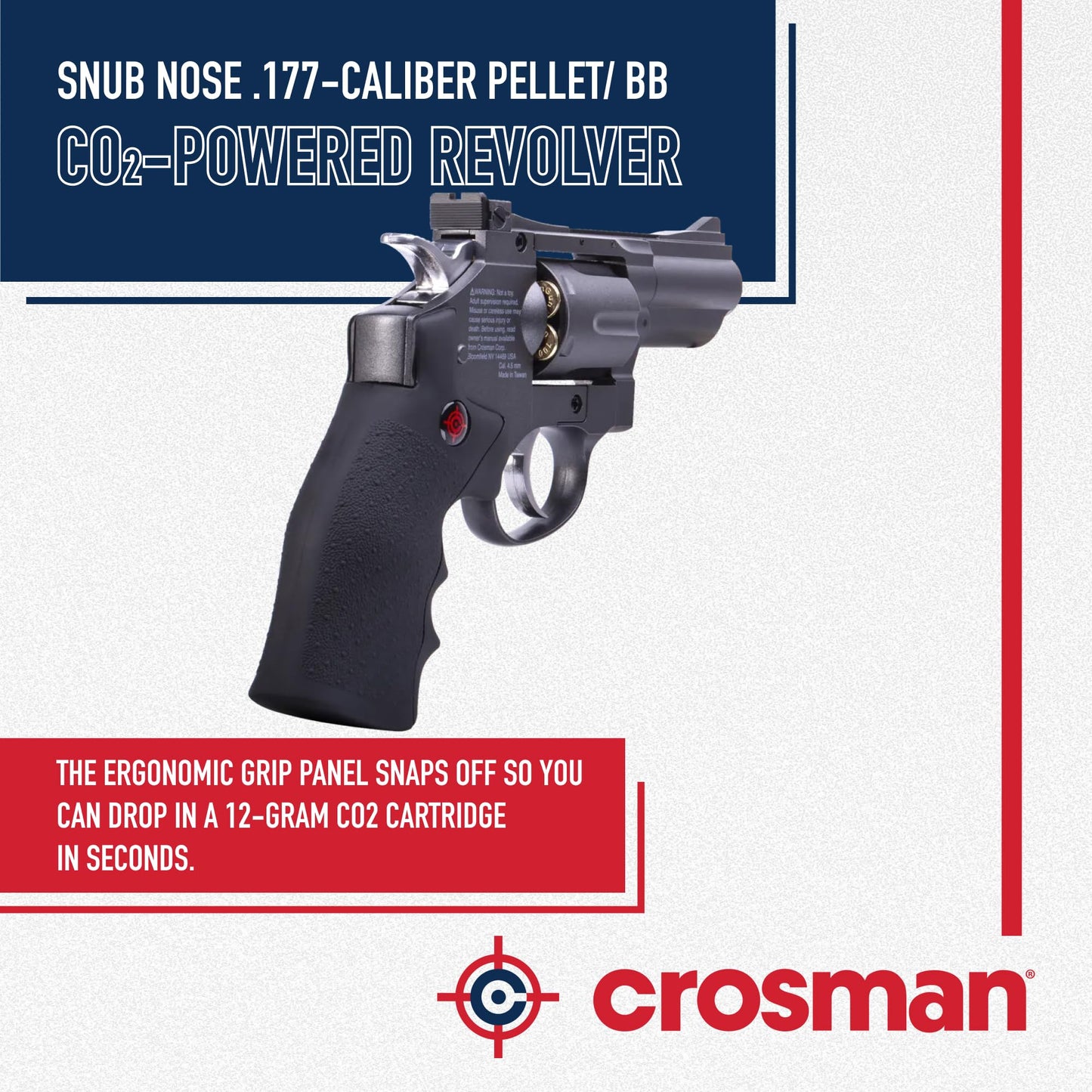 Crosman SNR357 Snub Nose CO2 Revolver for Pellets and BBs - Dual Ammo 6-Shot Swing Out Cylinder, Full Metal Body, Adjustable Sights - Black/Grey