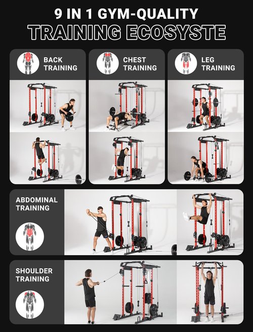 YOLEO Smooth Dual Pulley System Power Cage, 1600LBS Adjustable Cable Crossover Power Rack, Multi-Functional Squat Rack for Home Gym with More Training Attachment (Power Cage)