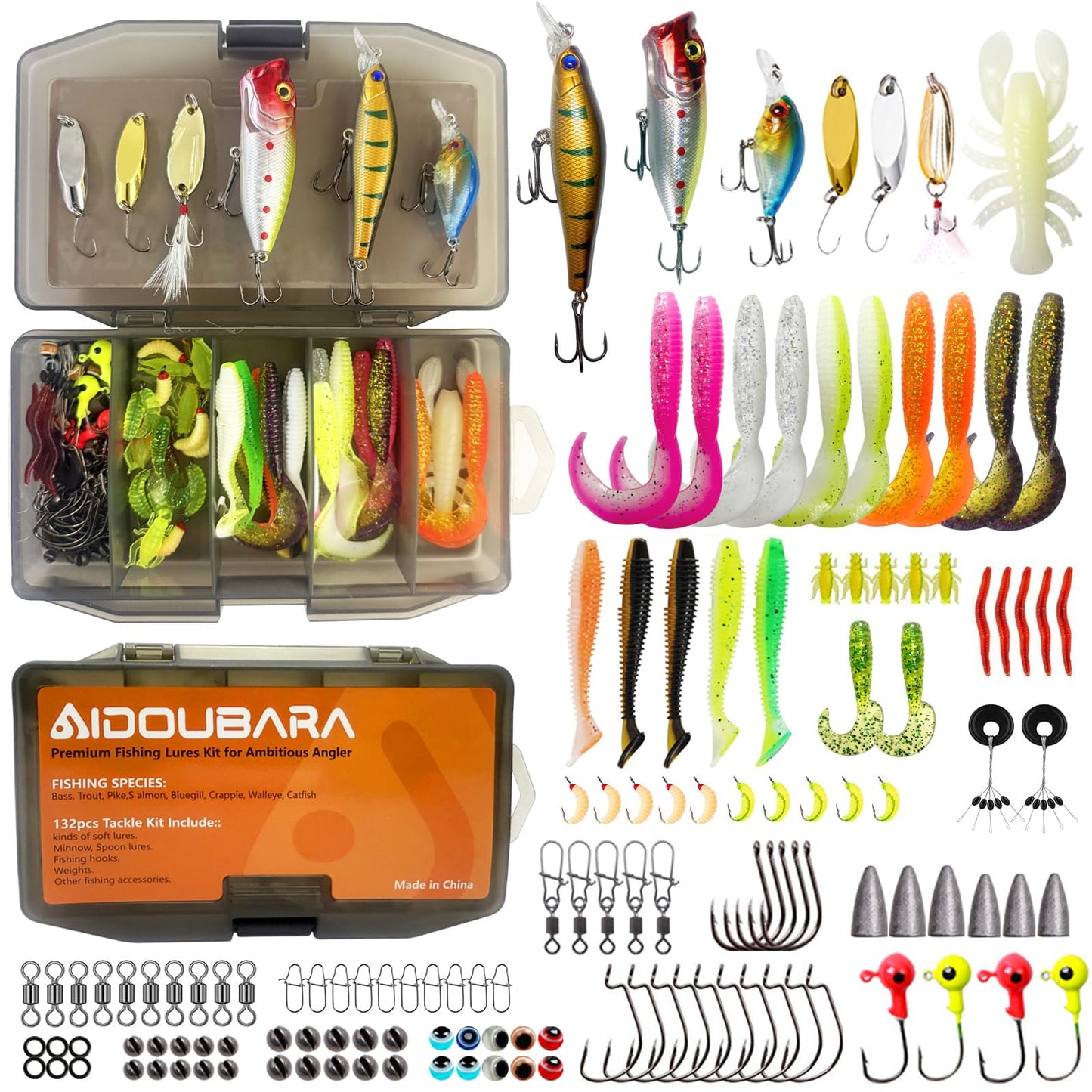 Fishing Lures kit, 132pcs Tackle Box Kit Included Crankbaits, Spoon, Hooks, Weights & Other Accessories, Freshwater & Saltwater Bait Lure for Bass, Trout, Walleye, Fishing Gear Gift for Men