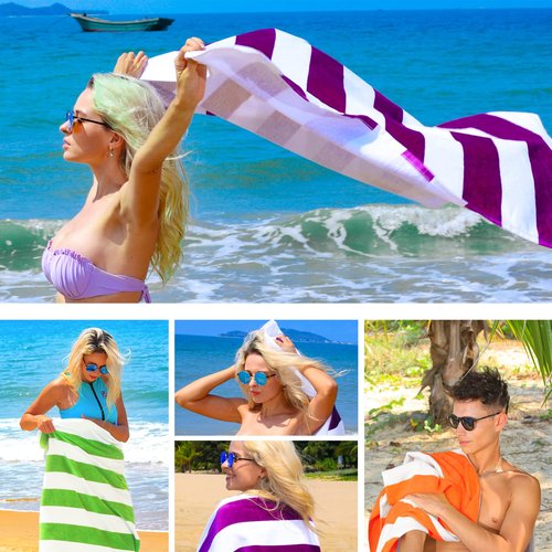 Exclusivo Mezcla 2 Pack Cotton Oversized 35x70 Inches Cabana Stripe Beach Towels, Super Absorbent Soft Plush Pool Bath Towel (Dark Navy)
