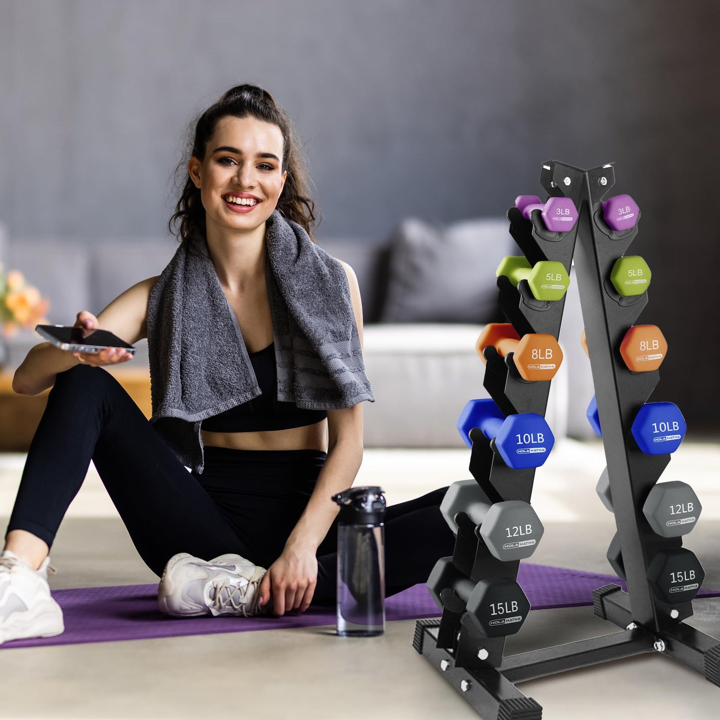HolaHatha Neoprene Dumbbell Weights Set with Rack, Home Gym Equipment, 106 Lbs, Multicolor - Portable Weighted Exercise Dumbbells for Fitness, Training, and Lifting Workouts