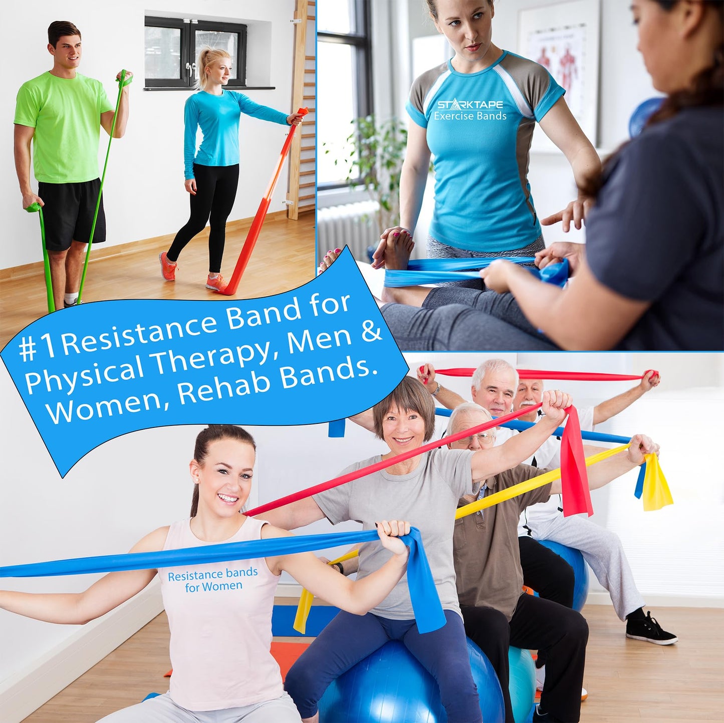 Starktape Resistance Bands Set. 3 or 5 Pack Non-Latex Physical Therapy, Professional Elastic Band. Perfect for Home Exercise, Workout, Strength Training, Yoga, Pilates, Rehab, Gym