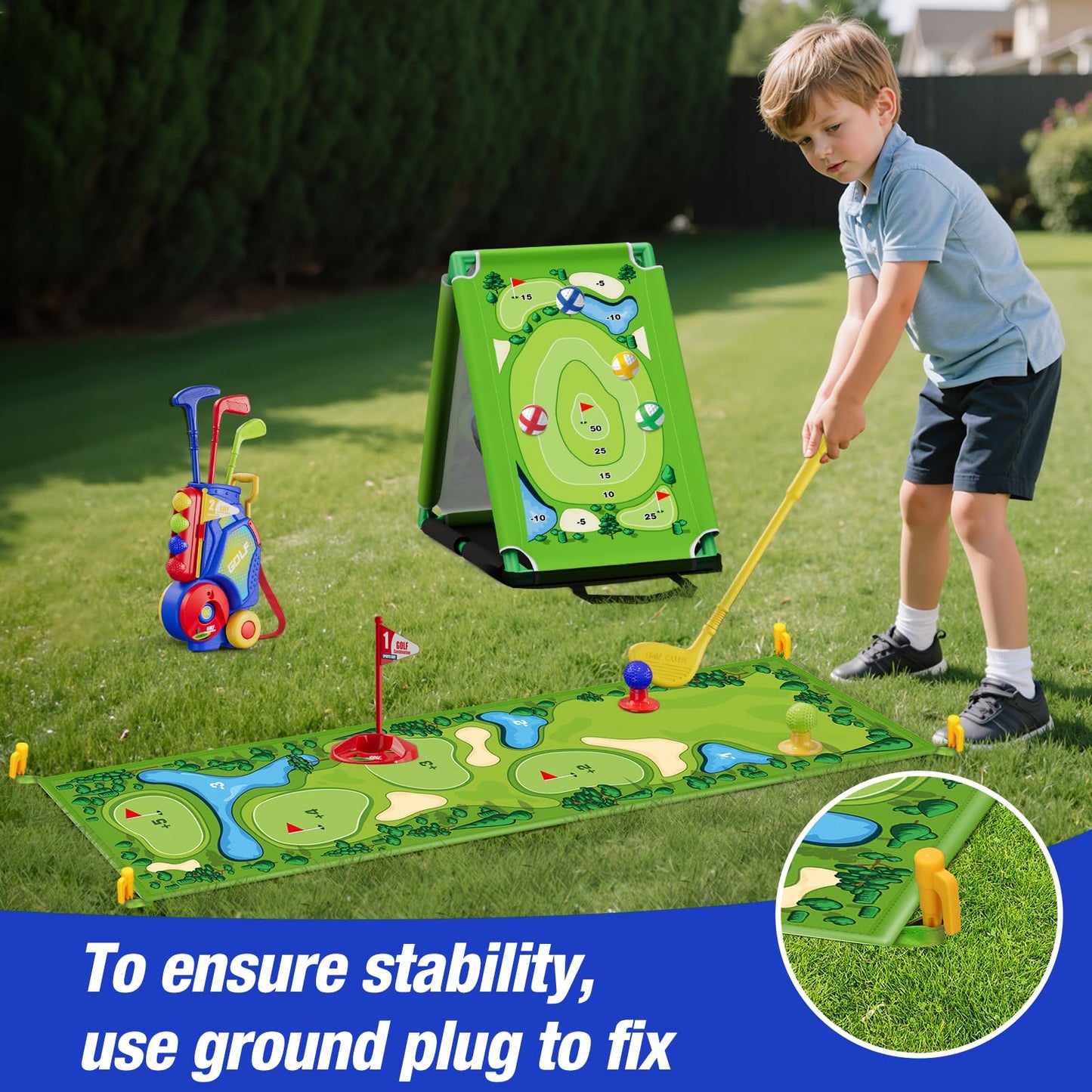 HYES 3 in 1 Toddler Golf Set with Putting Mat & Sticky/Golf Game, Kids Golf Club with 8 Balls, 4 Plastic Clubs, Scoreboard, Indoor Outdoor Sport Toys with Golf Cart Gift for Boys Girls Aged 2-5, Blue