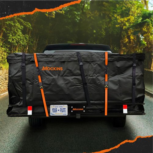 Mockins XXL 70"x30"x6" Folding Trailer Hitch Cargo Carrier | 500 Lbs. Cap. Cargo Hitch Carrier Rack | All-Weather Steel Luggage Rack for SUV, Car & Truck w/License Plate Holder, Stabilizer & Straps