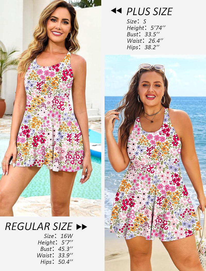 One Piece Swimsuit Women Tummy Control Swim Dress - Colorful Floral, Size S-24W