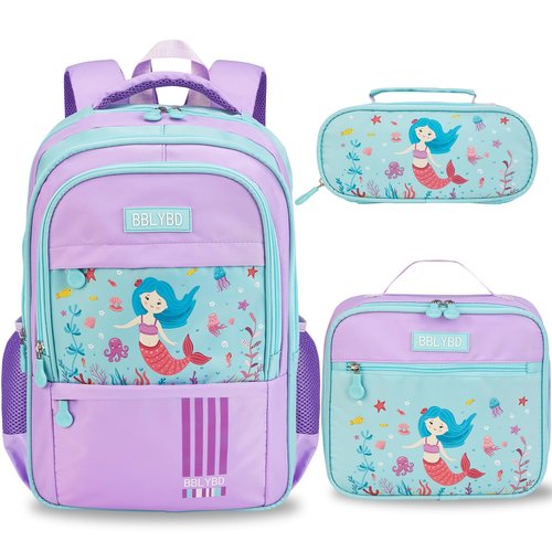 Girls Backpack with Lunch Box, Cute School Backpack for Kids Teen Elementary, Large Capacity Kids Bookbag 3 Pcs Set (Mermaid)