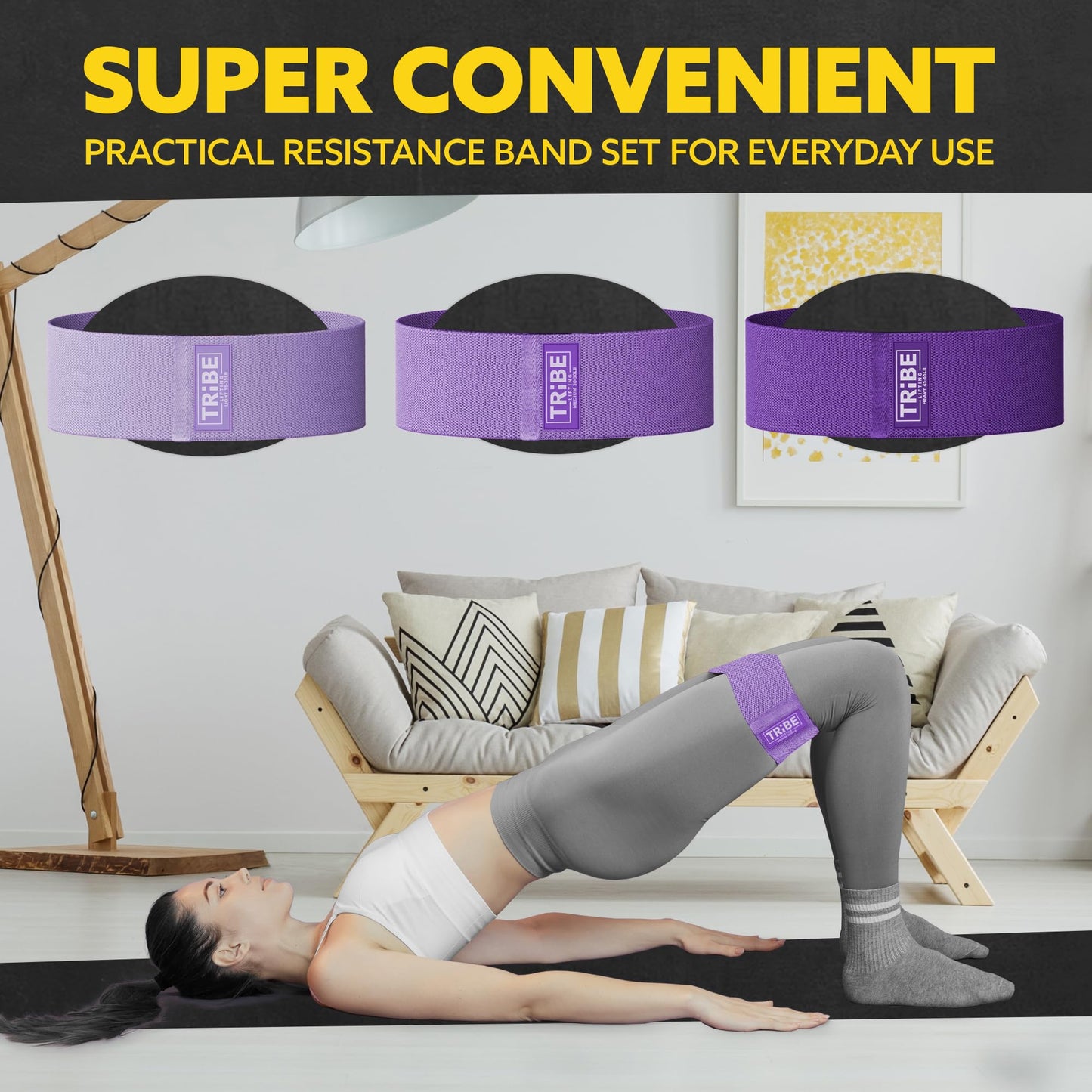 Tribe Lifting Resistance Bands for Working Out - 3 Pack Fabric Workout Bands for Women and Men - Booty Bands for Legs and Glute - Non Slip Exercise Bands Set for Squat Hip Thigh (Purple)