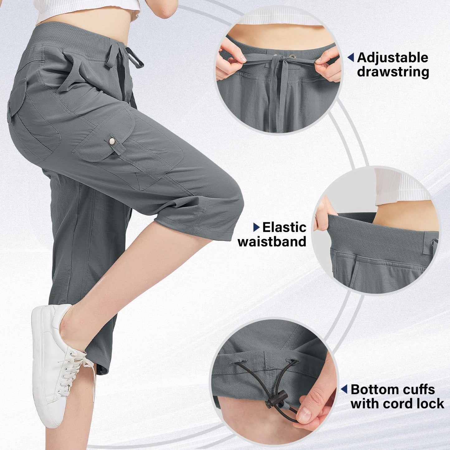 Women's Cargo Capris Hiking Pants with 6 Pockets Lightweight Quick Dry Outdoor Travel Casual Comfy Summer Pants(2032 Grey XXXL)