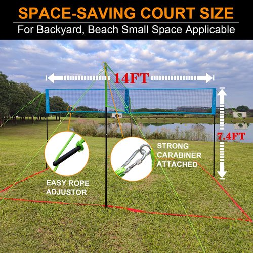 Zdgao Four Way Volleyball Net 14ft x 14ft Height Adjustable 4 Square Volleyball Badminton Outdoor Set for Backyard Lawn Beach Game Play | Come with Soft Volleyball, Hammer and Carry Bag