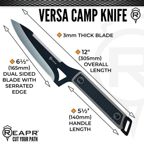 Reapr Versa Camp Fixed Blade Knife – 6.5″ Black-Cerakote 420 Stainless Steel Blade with Serrated Spine & TPR Handle, Full Tang Outdoor Knife with Belt Sheath