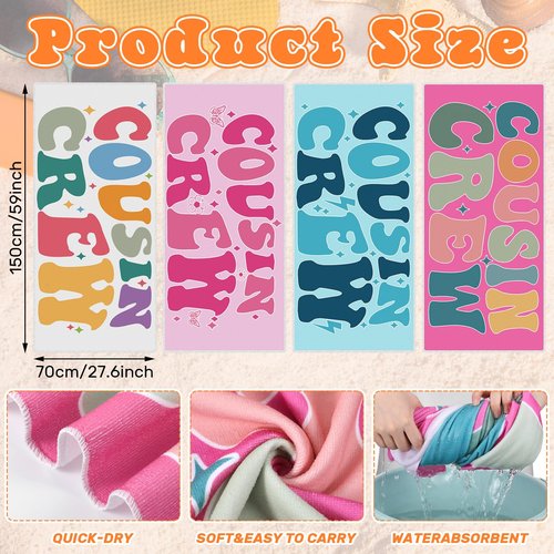 Peryiter 4 Pcs Cousin Crew Beach Towel Extra Large 27.6 * 59 Inch Funny Pool Towel for Summer Swimming Pond Lake Gift Team Gift Birthday Present Baseball Beach Lounge Cover Accessories