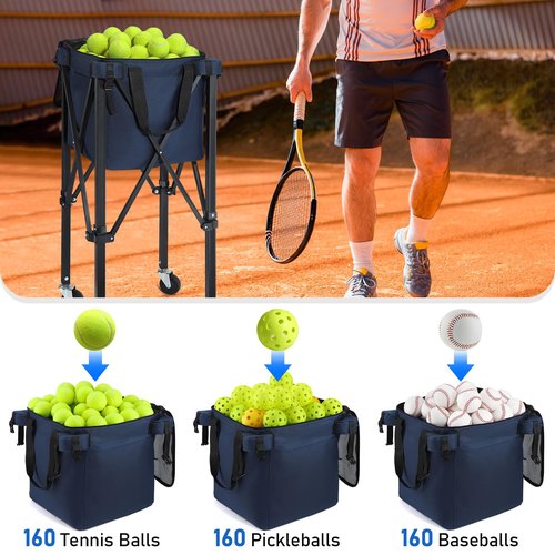 TOBWOLF Foldable Tennis Ball Hopper, Portable Pickleball & Tennis Ball Basket for 160 Balls with Silent Wheels, Upgraded Large Capacity Pickleball Ball Holder, Tennis Ball Cart for Practice & Training