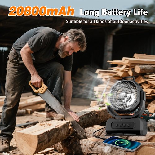Roykaw Camping Fan 20800mAh Rechargeable Battery Powered Fan for 60 Hrs Cooling, Oscillating Fan with Battery Level Display, Colorful LED Lights & Timer Function, Fit for Fishing/Tent/Office, Black