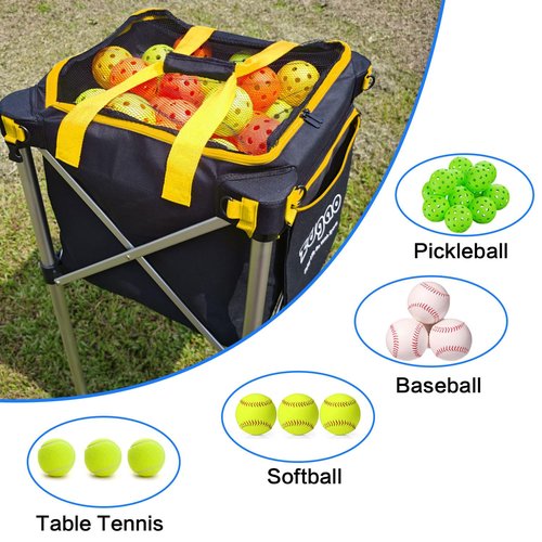 LOMGWAYS Pickleball Tennis Ball Hopper-Foldable Lightweight Tennis Ball Cart Holds 180 Tennis with Removable Bag,Wheel,Side Pocket for Training/Teaching, for Tennis/Pickleball/Baseball/Softball