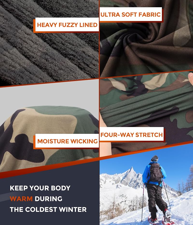 Men's Thermal Base Layer Set - Long Johns, Fleece 95% Polyester 5% Spandex, Camouflage Green, Large