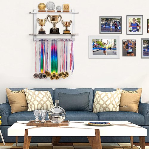 Lavievert Wooden Medal Hanger & Trophy Shelf, Wall-Mounted Race Medal Display with 2 Tier Storage Shelf, Medal Holder Trophy Rack with 19 Hanging Bars - White