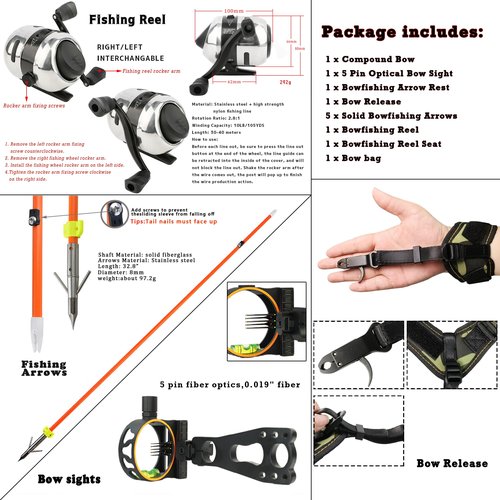 surwolf Archery Compoundbow Bowfishing Kit 20-70lbs Huntingbow with Bowfishing Reel, Bow Fishing Arrows Right & Left Handed for Adult/Youth Bow Fishing Hunting Target Shooting (Black, Left Handed)