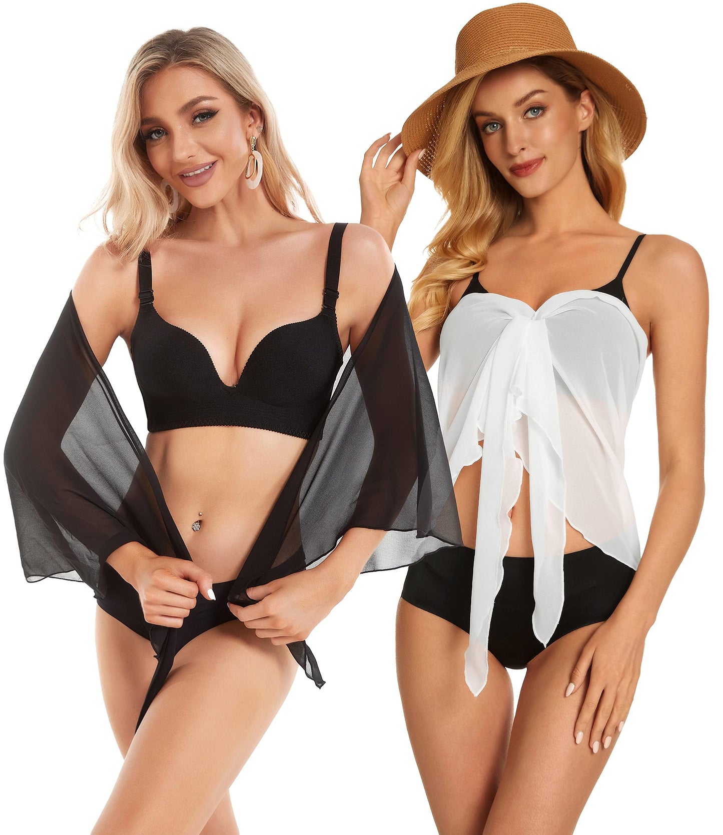 2 Pieces Sarong Cover Ups for Women Beach Bathing Suit Wrap Sheer Short Skirt Bikini Chiffon Scarf for Swimwear (Black and Green Blue)