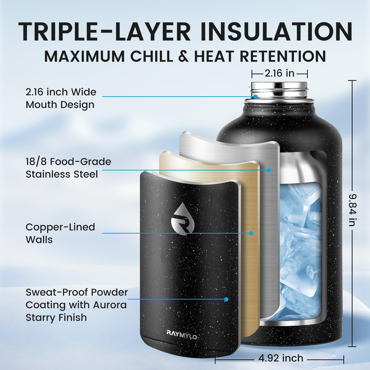RAYMYLO Insulated Water Bottle 64 oz, Triple Wall Vacuum Stainless Steel (Cold for 48 Hrs), Leak Proof & Non-BPA, Half Gallon Water Flask Jug with Paracord Handle & Straw Spout Lids
