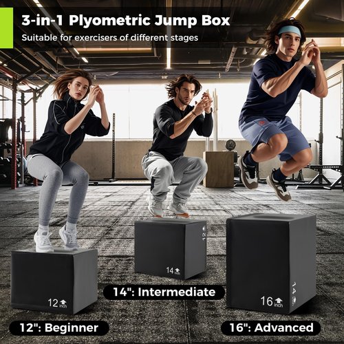 GYMAX Plyometric Jump Box, 3 in 1 Plyo Jumping Training Box with Non-Slip & Easy-to-Clean PU Cover, Heavy Foam Exercise Trainer for Home Gym, Multiple Options (16 x 14 x 12 inch)