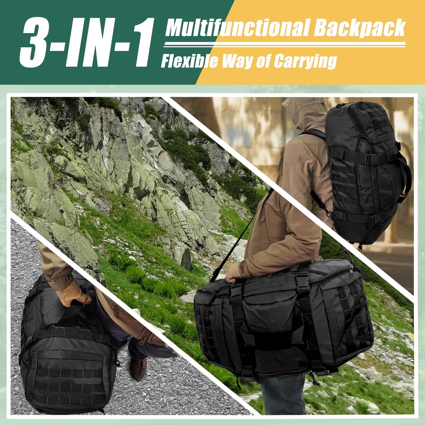 EASY BW 55L Large Travel Gym Duffle Bag Military Tactical Backpack, Army Pack 3 Day Bug Out Bag Rucksack for Outdoor Sport Hiking Camping with Molle System, Black