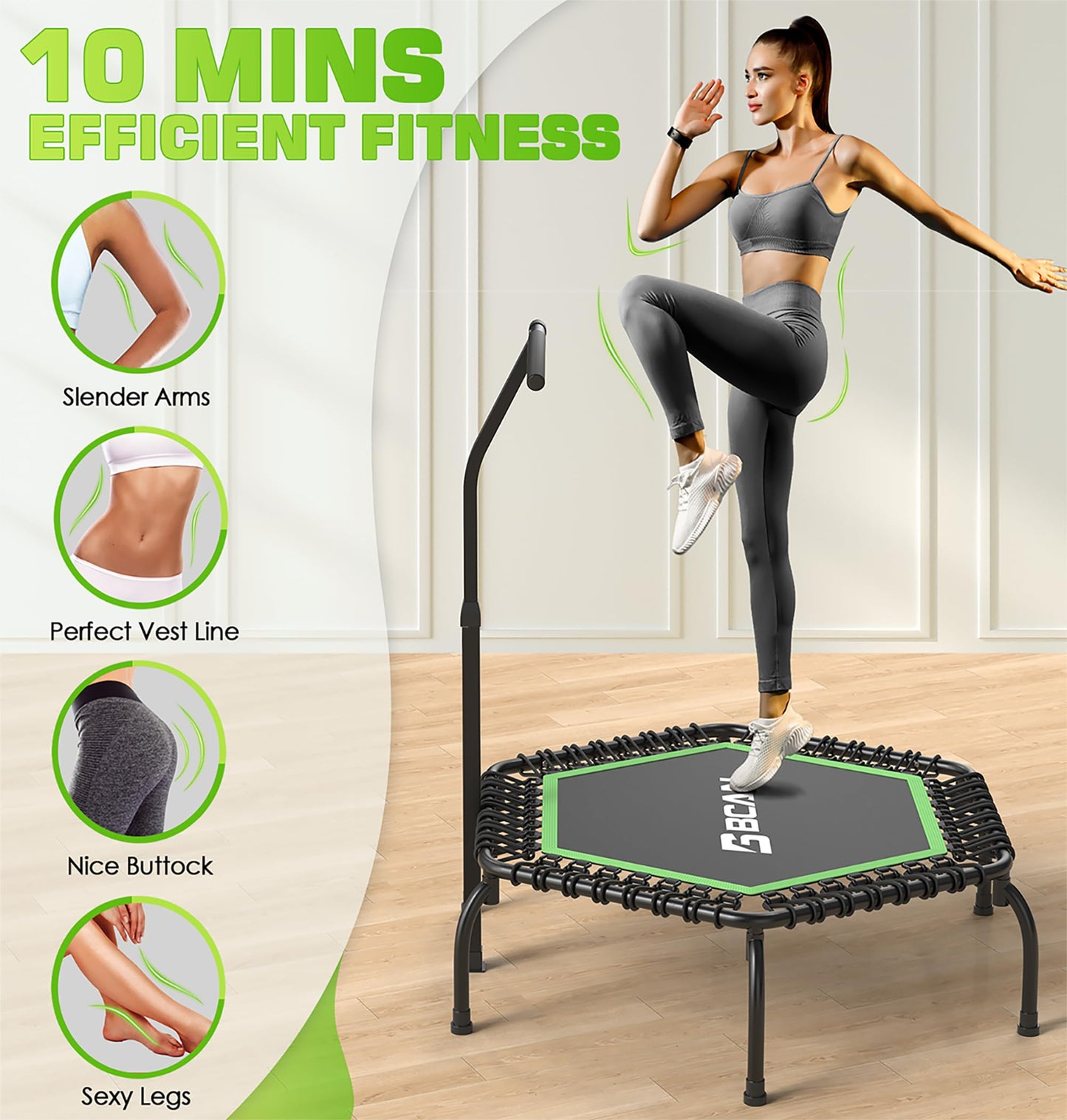 BCAN 48" Mini Trampoline, 550 LBS Fitness Trampoline with T-Adjustable Handle Bar, Bungees, Stable & Quiet Exercise Rebounder for Adults Indoor/Garden Workout-Green