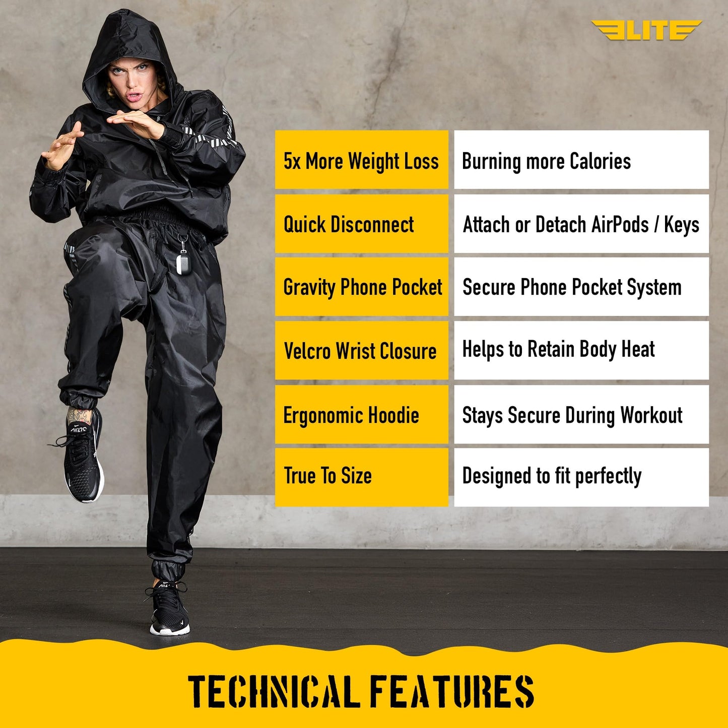 Elite Sports Sauna Suit for Weight Loss Men & Women Boxing MMA Wrestlers Gym Sweat Hoodie Sauna Suits Wrap Full Body Workout (Black, X-Large)