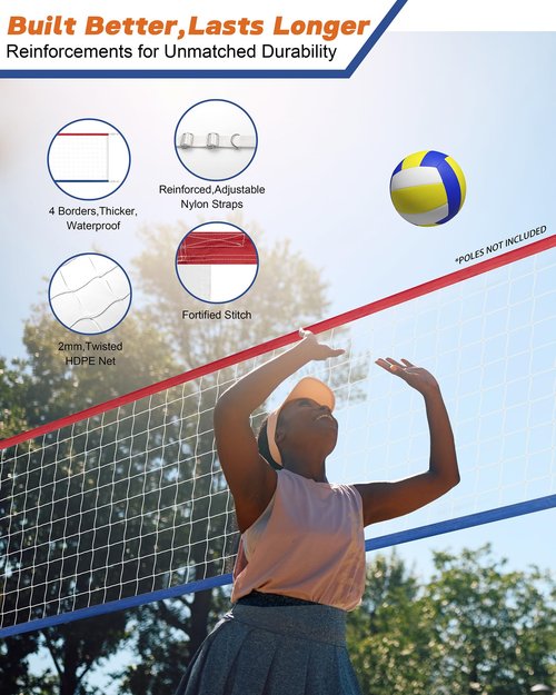 XXXYYY Upgraded Swimming Pool Volleyball Net Replacement, Lengthened 15FT-28FT Adjustable, Upgraded Weather Resistance with Waterproof, Thicker Borders and Nylon Straps-15x3FT, Red Blue(Net Only)
