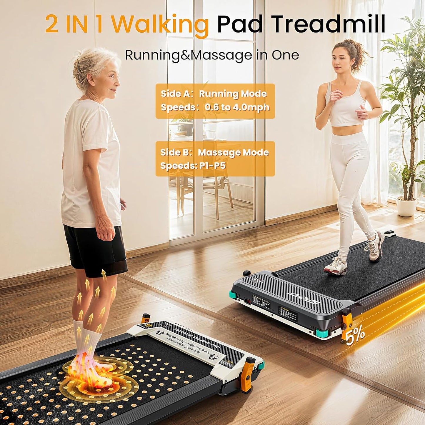 2 Side Walking Pad Treadmill with Incline Massage Function, 2 in 1 Under Desk Treadmills Walking Pad and Foot Massager for Home/Office, Portable Treadmill with Remote Control LED Display