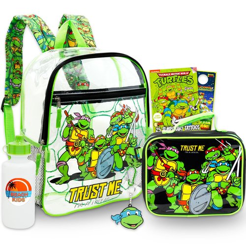 Teenage Mutant Ninja Turtles Backpack and Lunch Box Set - Bundle with 16" "TMNT" Transparent School Bag, Lunch Bag, Water Bottle, Tattoos, More | "TMNT" Clear Backpack for Boys, Kids