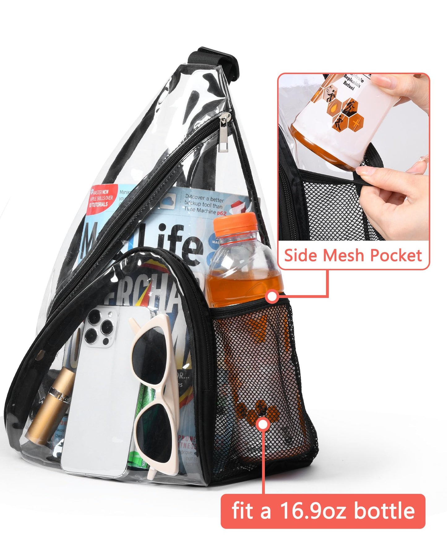 HULISEN Clear Sling Bag, Clear Bag Stadium Approved, Transparent Shoulder Crossbody Backpack Chest Casual Daypack