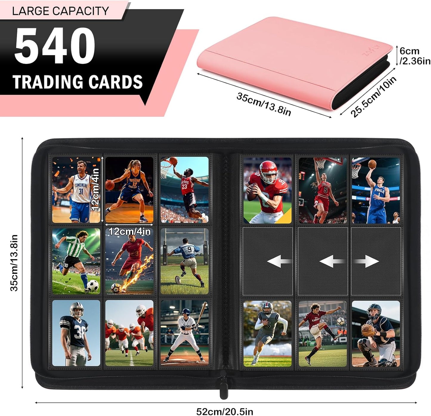 12 Pocket Card Binder, Zipper Trading Card Binder, 720 Large Capacity Side Loading Non-Ring Card Album, Double Sided Acid-Free Card Protector Binder, Card Collection for TCG, MTG, Sport Card, Pink