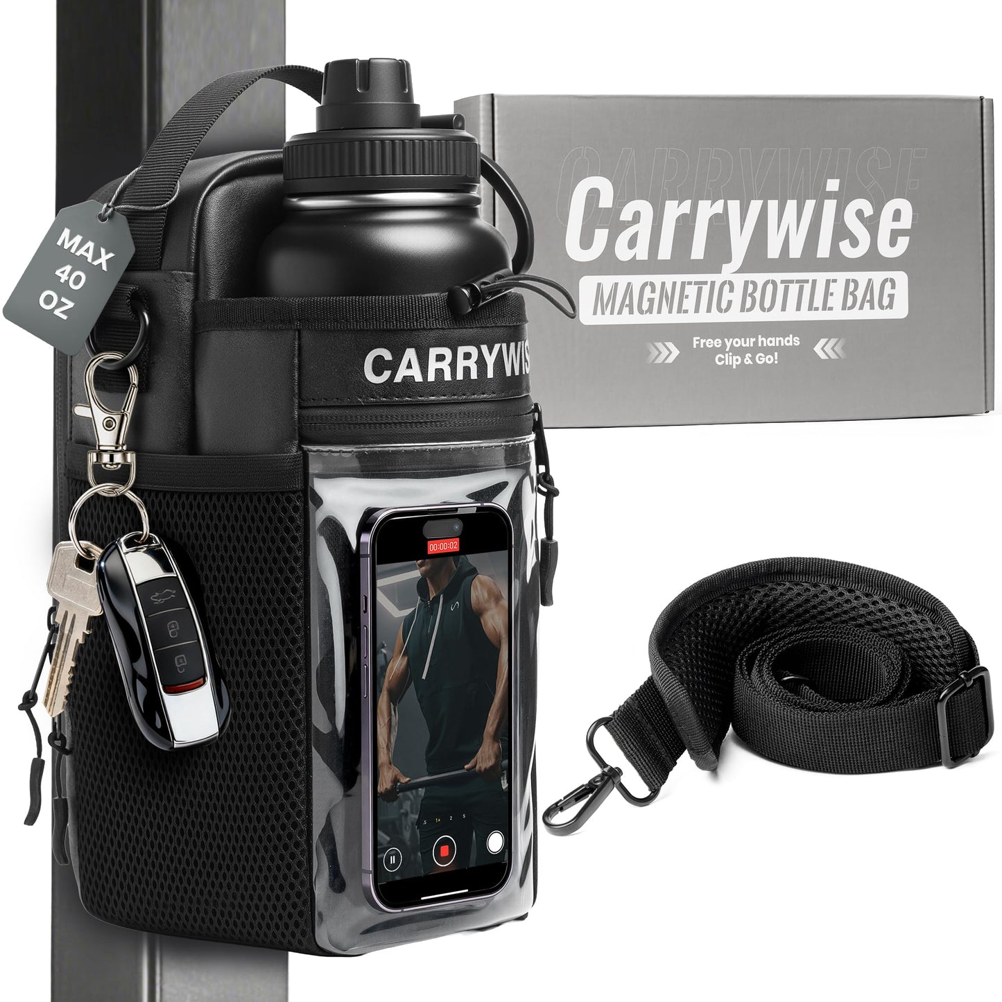 Magnetic Gym Bag, Gym Bags for Men and Women, Hands-Free Water Bottle Holder with Strap & Touchscreen Pocket, Attachable Water Bottle Bag for Treadmill, Workout & Fitness Equipment (No Bottles)