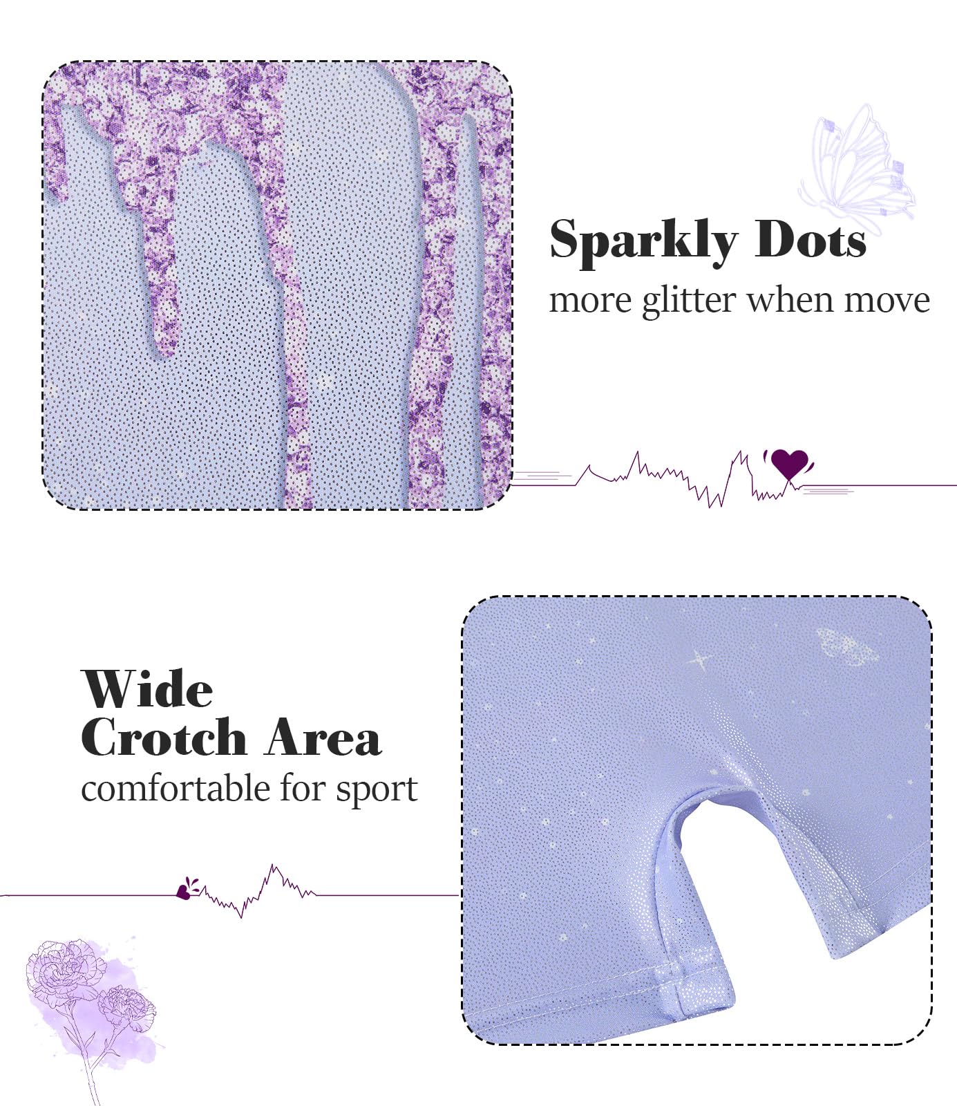 Vogseek Sparkly Gymnastics Leotards for Girls 11 12 Years Cute Light Purple Shiny Ballet Dance Unitards Biketards with Hair Scrunchie Kids Tumbling Shorts Activewear Clothes, Purple Fluid