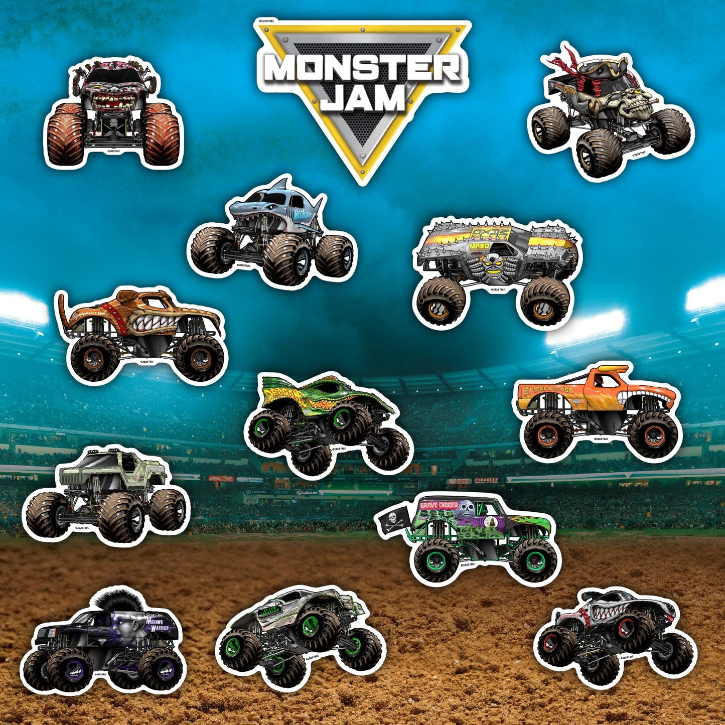 Monster Jam Trucks Decal Pack - Set of 15 Monster Truck Stickers Includes Grave Digger El Toro Loco Max D Zombie Megalodon Dragon Soldier Fortune Mutt