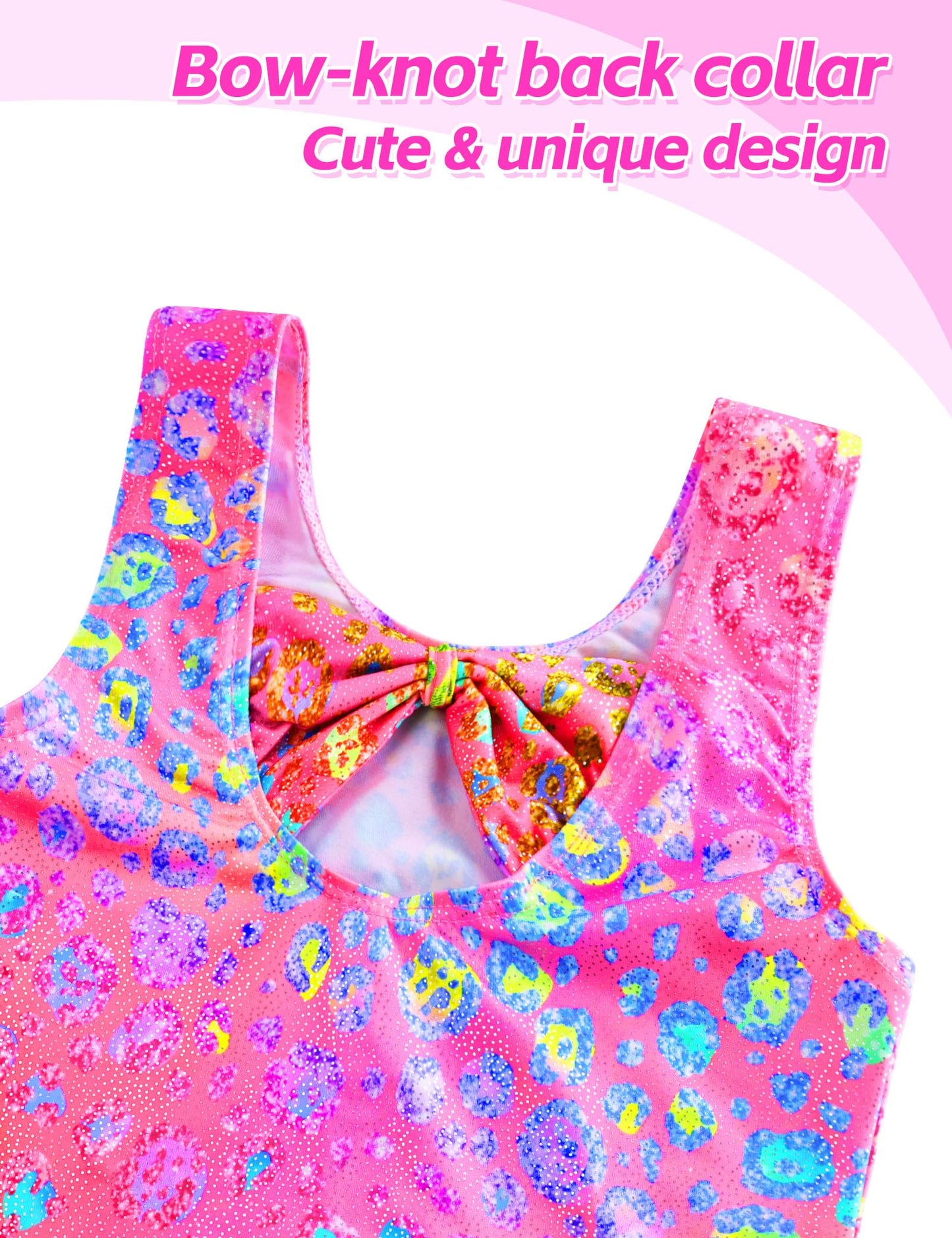 Alikhonf Leotard for Girls Gymnastics 3t 4t Sparkly Pink Leopard Sleeveless Unitard with Bow Back Matching Rose Hair Scrunchie