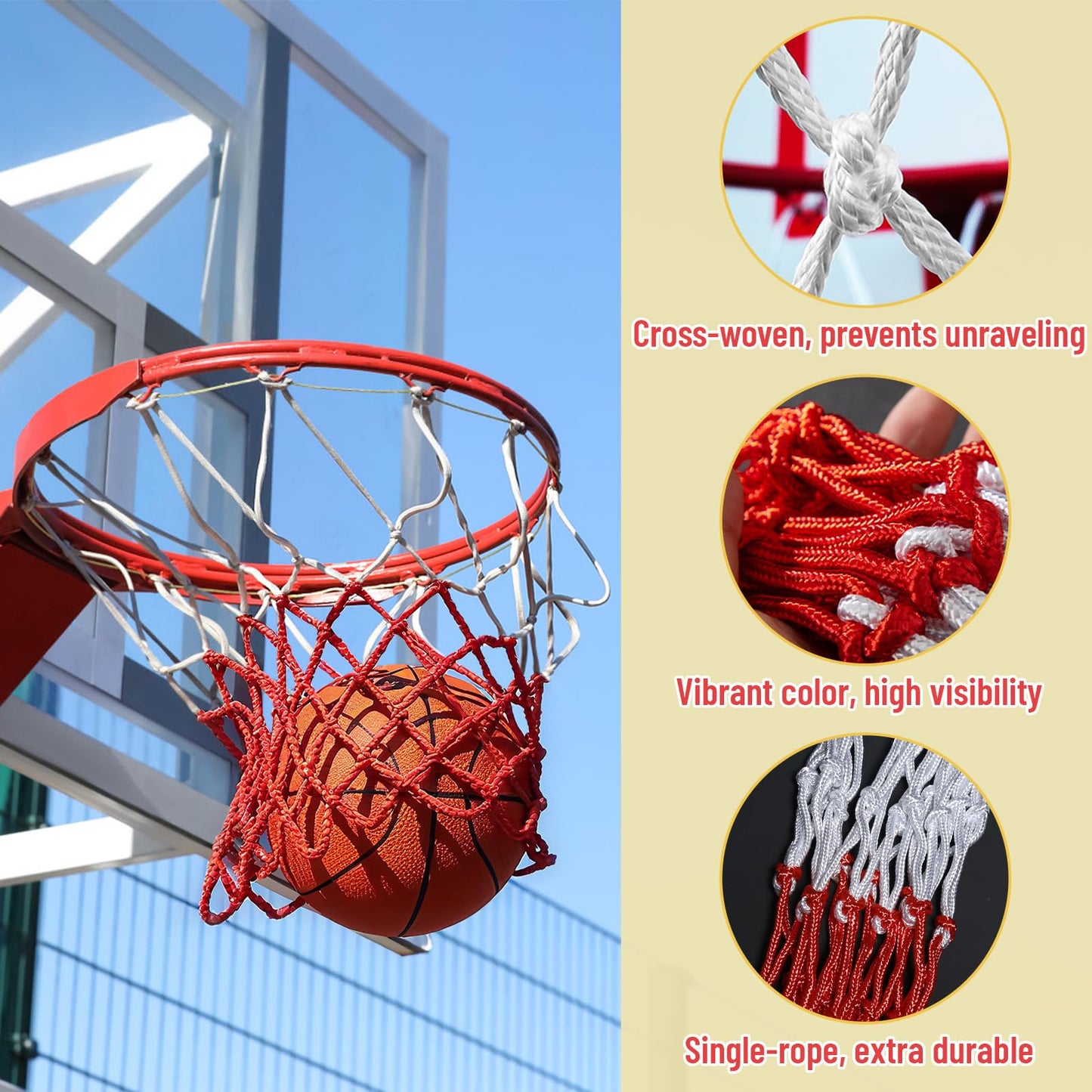 Basketball Net 2 Pack, Heavy Duty Basketball Net Replacement Weather Anti Whip Polyester Basketball Hoop Net Fits Standard Indoor Or Outdoor Court Use - Easy Install (Red White)