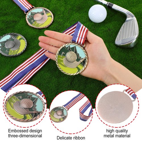 Huquary 3 Pcs Golf Color Medal Gold Silver Bronze Golf Ball Award Medals with Neck Ribbon for Kids Adults Sports Tournament